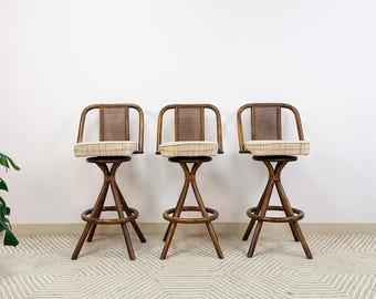3 Vintage Coastal Bamboo Barstools Dark Rattan w/ Beige Cushions and Caned Back