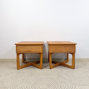 Very Rare Lane Perception MCM Oak Nightstands Cane Drawers Vintage Mid Century