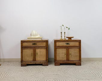 Pair Drexel "Captiva" Coastal Wicker Faux Bamboo Nightstands Vintage Regency
