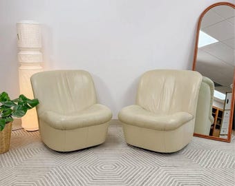 Vintage Cream Leather MCM Postmodern Swivel Glider Chair Pair 28" Wide