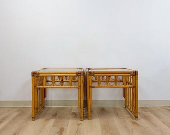 Vintage Rattan End Table Pair Arched Inlay Glass Top Coastal Boho MCM