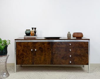 Tomlinson MCM Burlwood Credenza Chrome Details Doors Drawers, Buffet, Console