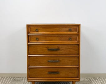 Heritage MCM Tallboy Dresser Brutalist Brass Pulls Vintage Mid-Century Modern