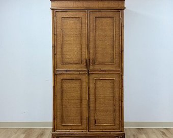 Coastal Boho Faux Bamboo Wicker Rattan Armoire Wardrobe Combo with Foldout Desk