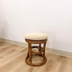 Vintage Rattan Swivel Stool Beige Upholstered Coastal Boho Ottoman