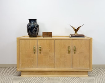 Vintage Regency Blonde Parquetry Buffet Server Credenza By United 60" Wide MCM