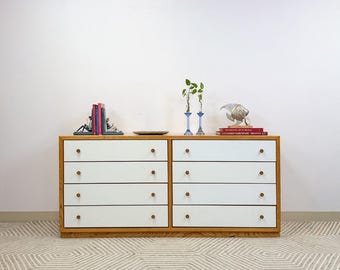 Dixie MCM 8-Drawer Natural Wood Dresser White Fronts Vintage 64" Wide