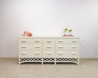 Vintage White Rattan 9-Drawer Dresser Old Florida Ficks Reed Style MCM Coastal