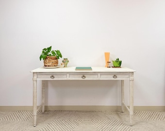 Whitewashed Farmhouse Desk 3 Drawers Chic Rustic Home Office 56" Wide