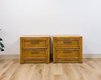 Lea Furniture Faux Bamboo Nightstand Pair Vintage Coastal Hollywood Regency