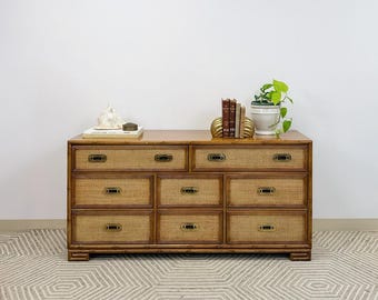 Drexel Captiva Wicker Faux Bamboo 8-Drawer Lowboy Dresser Coastal Regency