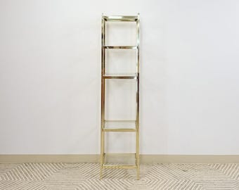 Estantería de latón y cristal de 5 niveles, estilo vintage Hollywood Regency MCM, cromada, 150 cm de alto.