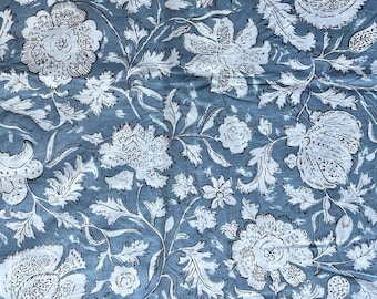 Gray Floral Block Print Cotton Fabric: Soft Sewing Material