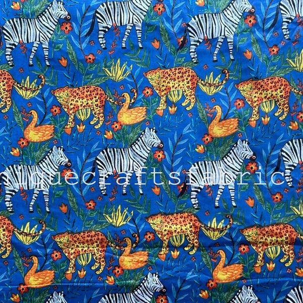 Blue Animal Safari Cotton Fabric, Kids Crafting, Quilting, Upholstery, Handmade Fabric By The Yard