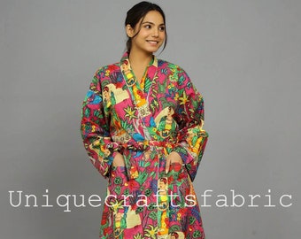 Kimono 100 % coton doux, peignoir kimono imprimé Frida Khalo, robe de mariée demoiselle d'honneur, kimono japonais, robe de chambre longue, tenue de plage