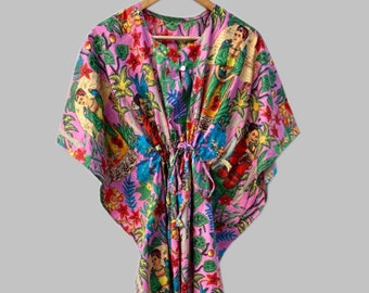 Handbedrucktes Kleid, Blumendruck Baumwollkaftan, Brautjungfernkleid, Kaftan für Frauen, Geschenke für Sie, Brautjungferngeschenke