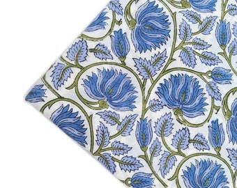 Blue Floral Hand Block Print Cotton Fabric: Sewing & Dressmaking