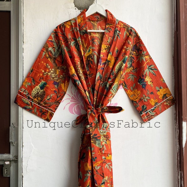 Orange Bird Print Ofmd Kimono, Cotton Kimono Robe, Bridesmaid Robe, Kimono Cardigan, Nightwear Robe, Gifts For Her