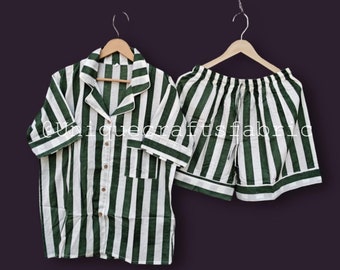 Handmade Cotton Stripe Pajama Set: Women's Summer Short PJs