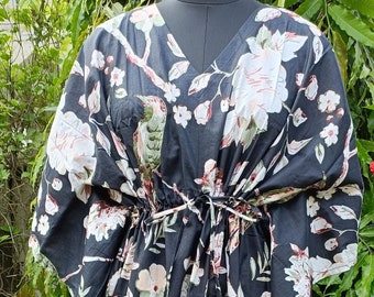 Hand Printed Cotton Kaftan: Floral Bird Print Boho Maxi Dress