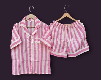 Handmade Stripe Print Cotton Short Set, Summer Nightwear