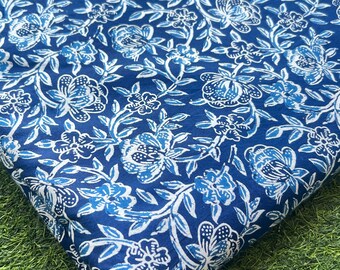 Blue Indigo Floral Cotton Fabric: Indian Block Print, By The Yard