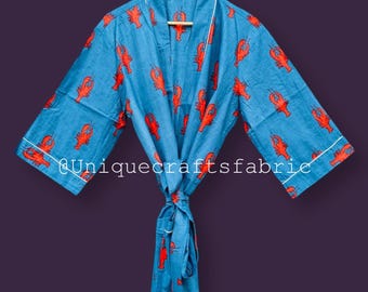 Kimono in cotone con stampa di gamberetti, copricostume da spiaggia