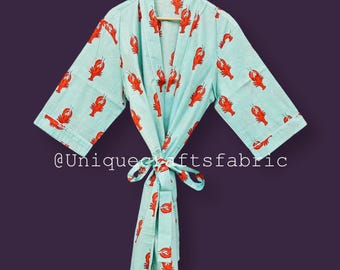 Hand Block Printed Cotton Kimono Robe, Shrimp Print, Handmade in India