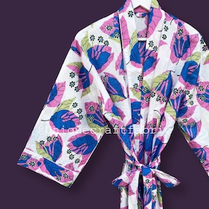 ホワイトコットン着物ビッグリーフローブドレッシングガウン、レディース服、着物カーディガン、ナイトウェアローブ、花嫁介添人着物バスローブ