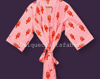 Kimono in cotone fatto a mano, copricostume da spiaggia con stampa di gamberetti