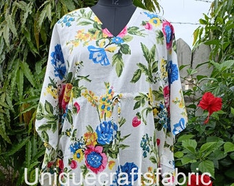 Handmade Floral Cotton Kaftan Maxi Dress: Indian Beach Cover-Up