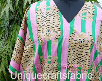 Vestido caftán de algodón con estampado de tigre a rayas: pareo de playa estilo boho