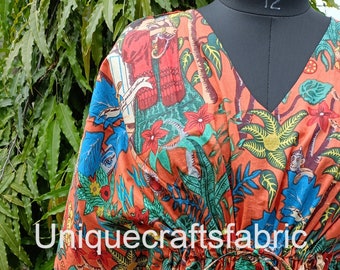 Handmade Indian Cotton Kaftan: Floral Maxi Dress, Beach Cover Up
