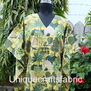Indian Cotton Kaftan Dress: Bird Print Maxi Gown