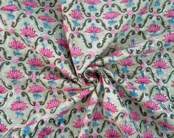 Floral Print Cotton Fabric, Indian Hand Block, Sewing Quilting, By The Yard