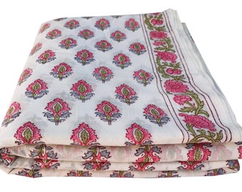 Pink Floral Block Print Cotton Fabric: Indian Handmade Sewing Material