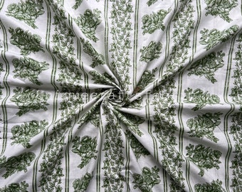 Tela de algodón con estampado floral verde: material de costura con estampado a mano indio.