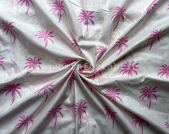 Pink Coconut Tree Print Cotton Fabric: Indian Hand Block Print