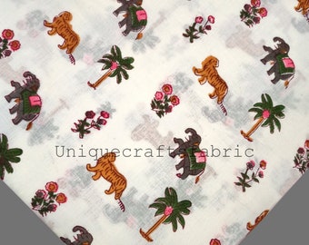 Elephant & Tiger Print Cotton Fabric: Indian Block Print Sewing Material