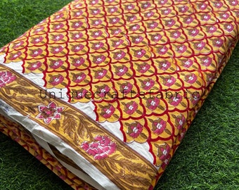 Floral Block Print Cotton Fabric, Indian Handmade Sewing Quilting Fabric