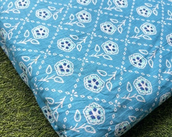 Indian Cotton Fabric: Blue Floral Block Print Sewing Textile