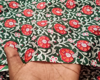 Dark Green Floral Block Print Cotton Fabric - Indian Sewing Quilting Fabric By The Yard