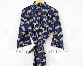 Tiger Print Cotton Kimono Robe: Indian Style Dressing Gown