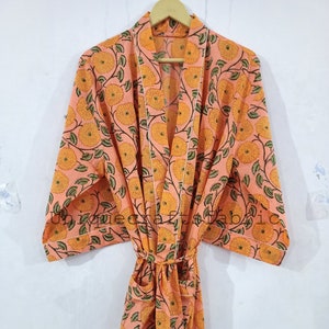 Bata de algodón con estampado floral naranja: bata de baño con estampado de bloques a mano