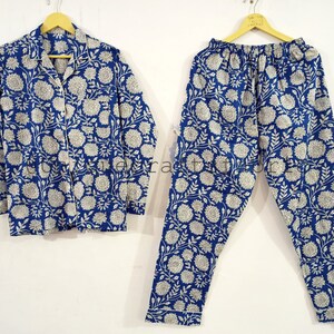 Blue Floral Block Print Cotton Pajama Set: Indian Sleepwear