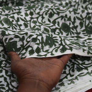 New Green Floral Print Cotton Fabric, Indian Hand Block Print Fabric, Sewing Material, Dressmaking Fabric