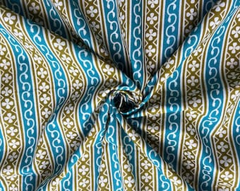 Blue & Green Stripe Print Cotton Fabric - Indian Hand Block
