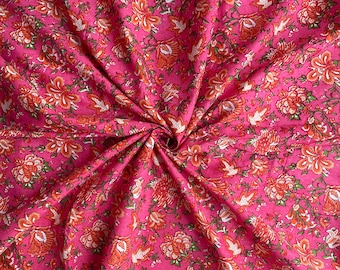 Floral Printed Cotton Fabric: Indian Block Print Sewing Fabric By The Yard