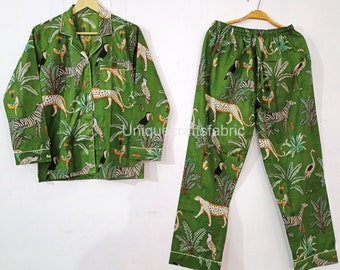Ensemble pyjama vert en coton à imprimé animal, pyjama femme