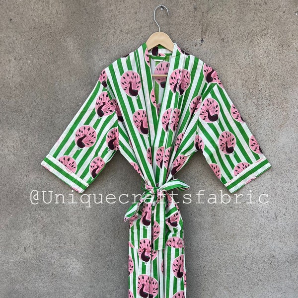 New Cotton Peacock Printed Kimono, Dressing Gown, Summer Gown, Cotton Kimono, Bridle Robe, Beach Cover Up, Nightwear Kimono Robe